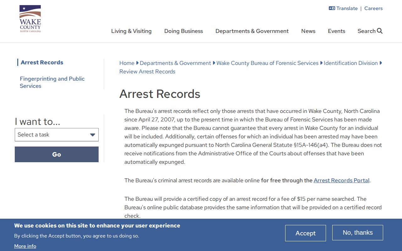 Wake County Bureau of Forensic Services arrest record and booking photo instructions
