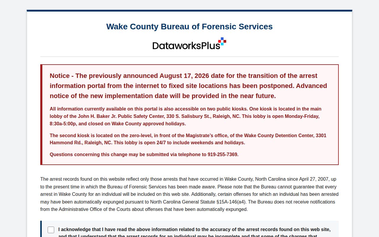 Wake County official historical arrest photo search interface