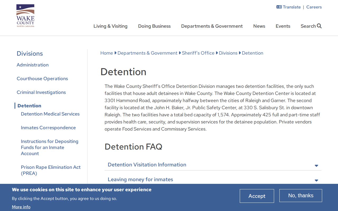 Wake County detention division custody information page
