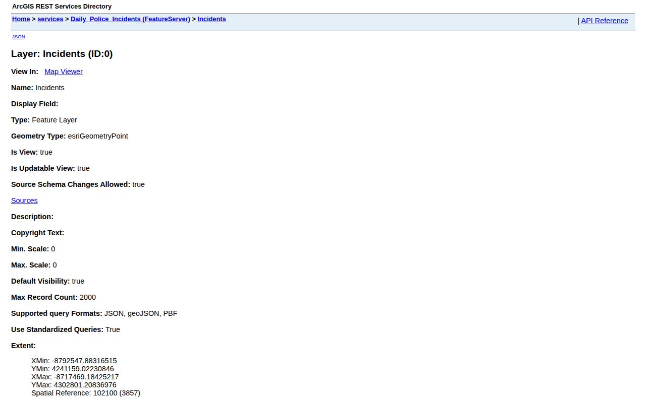 Raleigh daily police incident data service fields and access page