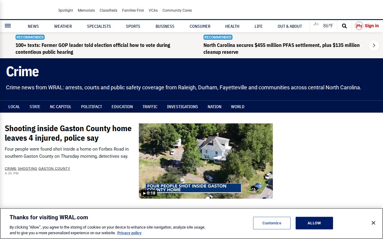WRAL selected Wake County and Triangle crime news coverage page
